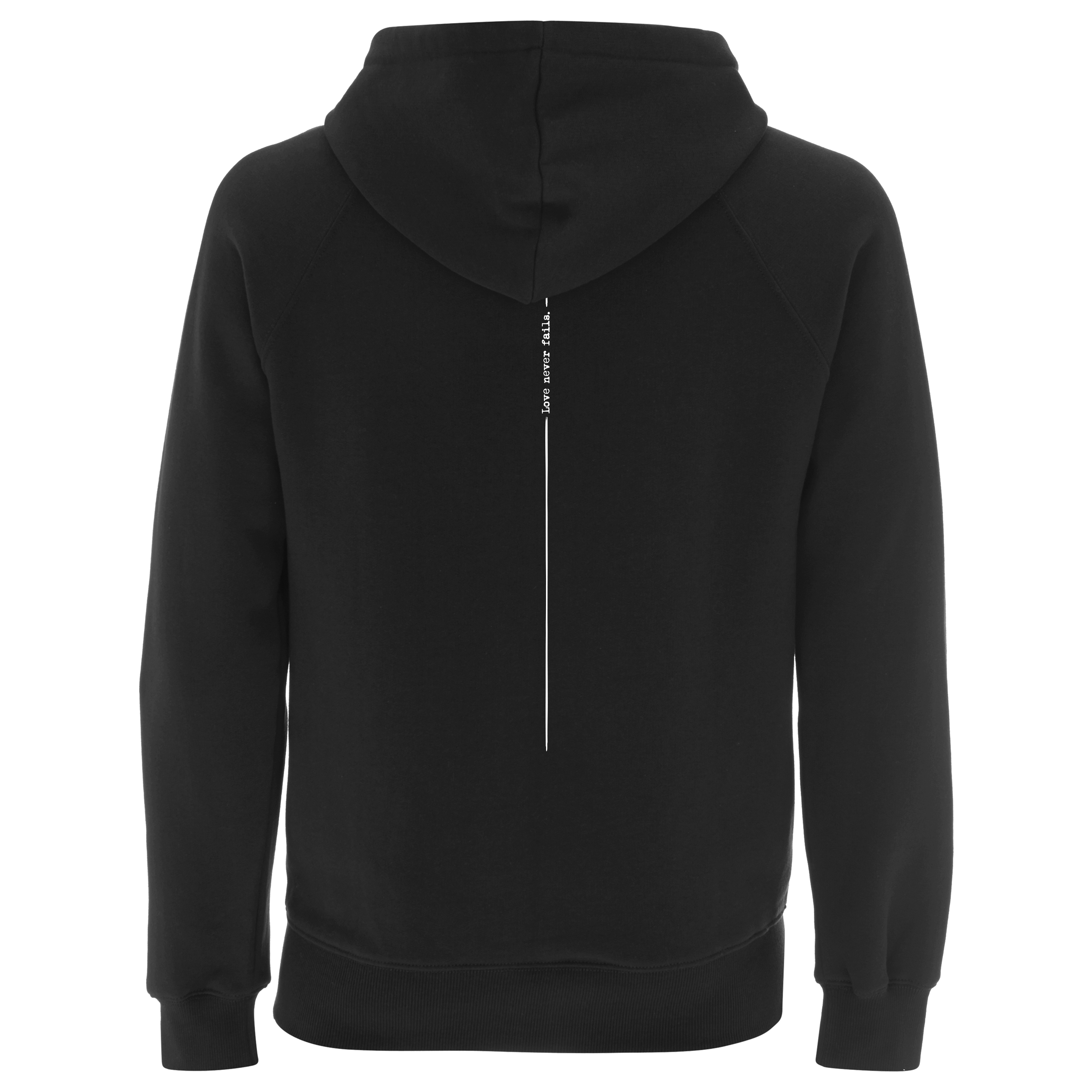 Hoodie – Love never fails – schwarz